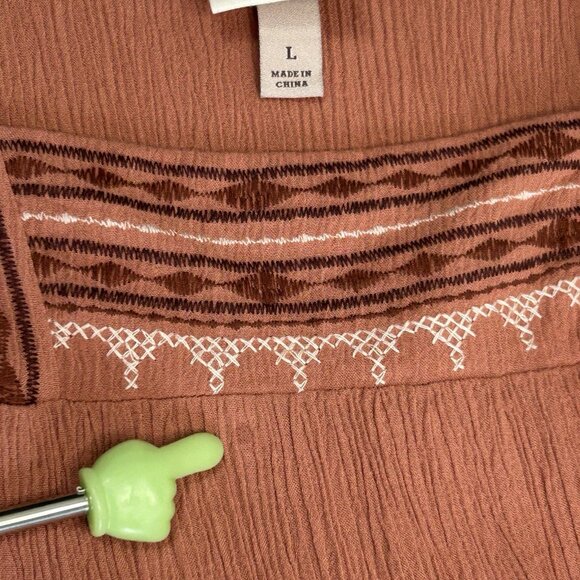 KNOX ROSE Terracotta Cream Mini Dress L Boho Crinkle Rayon Tunic Short Sleeve - Picture 9 of 10